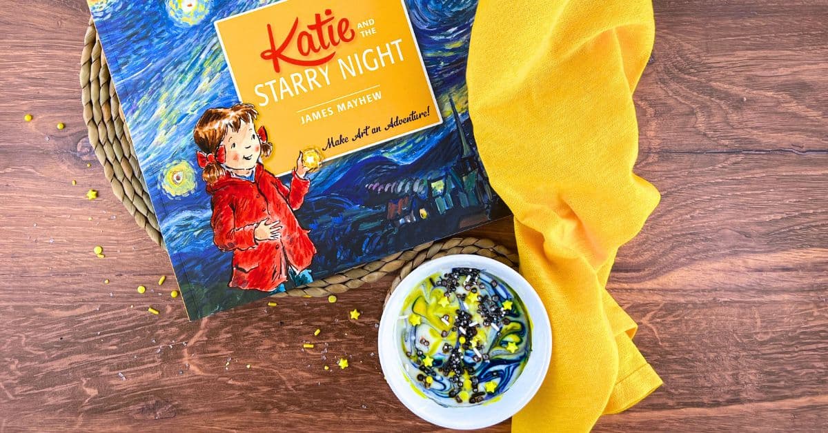 Recipe and Read Ideas for Kids - Starry Night Book on a table with Recipe and Read Starry Night fruit dip