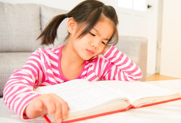 Struggling Reader Issues elementary school girl who hates reading looking at book frustrated