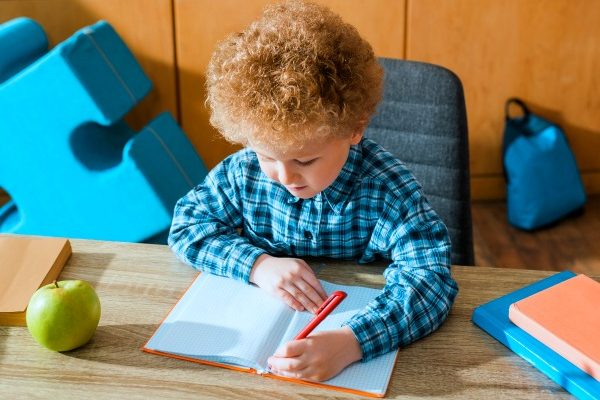 young caucasian boy sitting at desk writing in notebook for home schooling