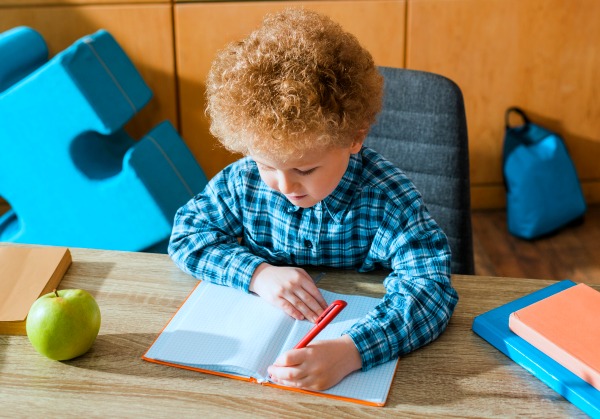 young caucasian boy sitting at desk writing in notebook for home schooling