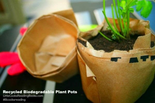 Recycled plant pots made from recycle bags for Earth Day crafts