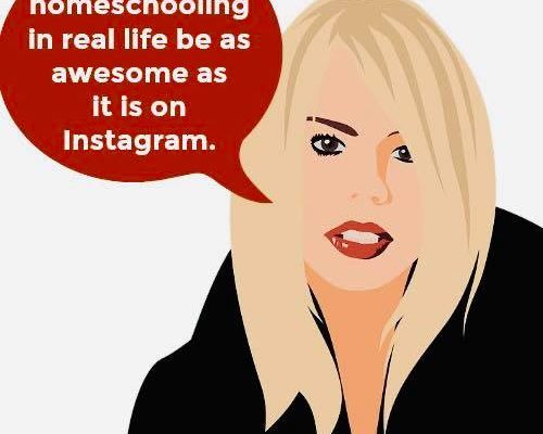 Best Funny Homeschool Memes with woman and text bubble saying may your homeschooling in real life be as awesome as it is on Instagram