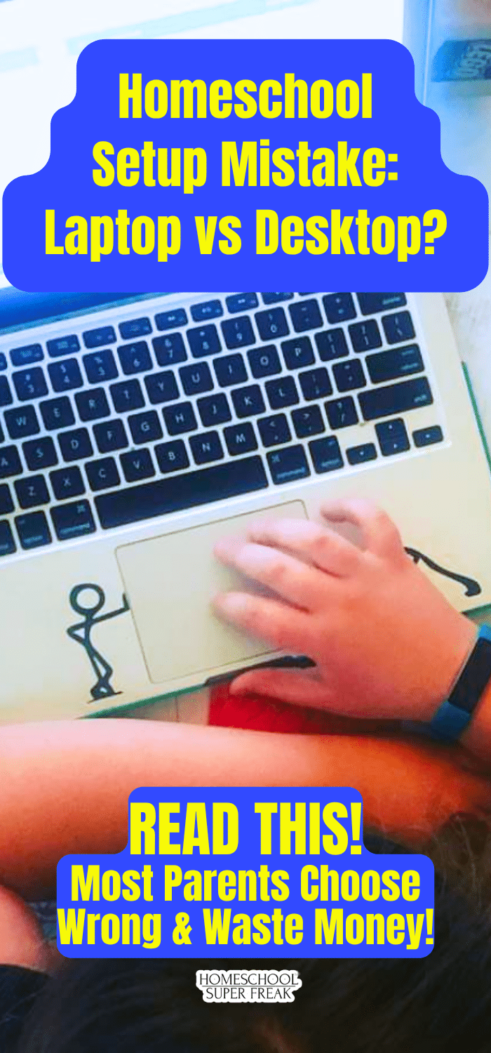 student working on laptop with text on top - Homeschool tips: student laptop computer or student desktop computer which is best for homeschooling