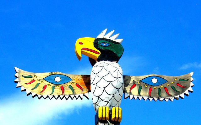 bird totem pole against a blue sky