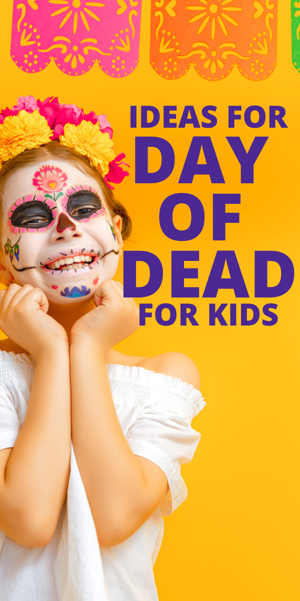 day of the dead lesson plans for kids laughing girl in day of dead skeleton make-up on a yellow background with colorful paper flowers in the background