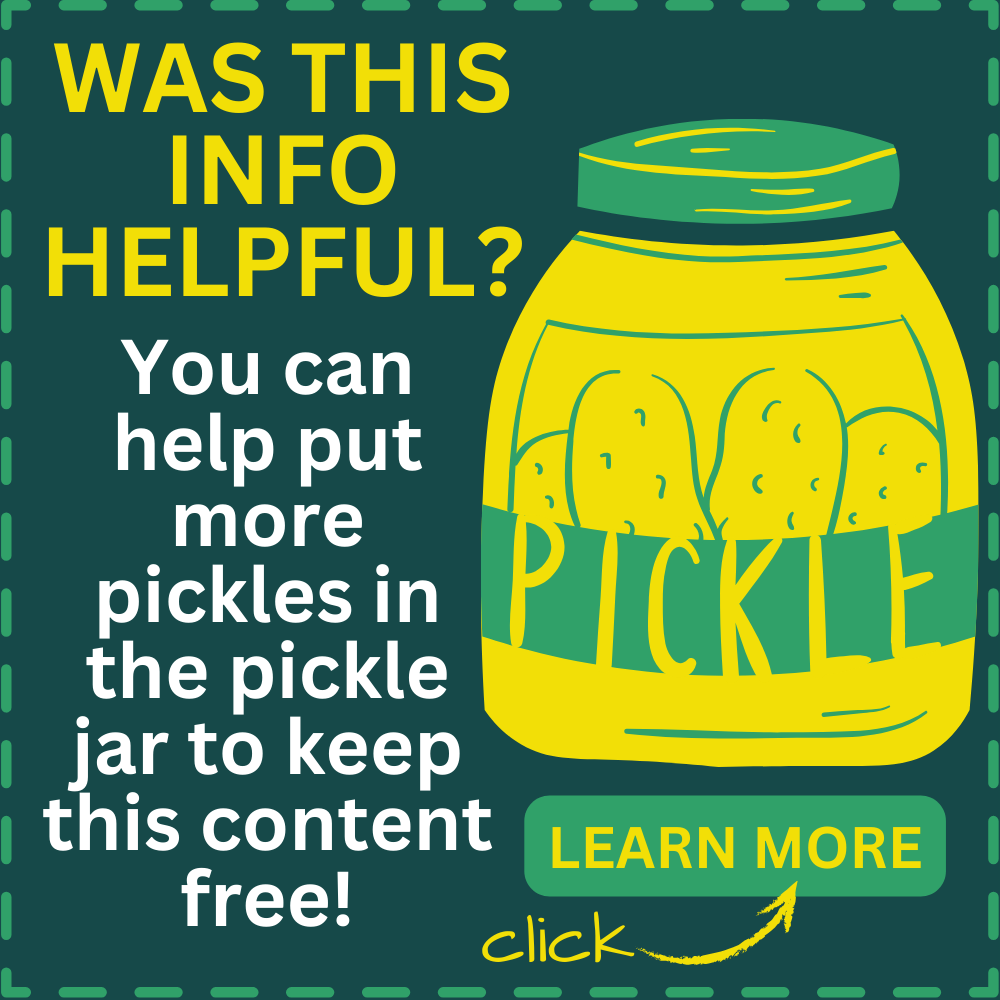 How To Help Homeschool Super Freak's Human-Written Content Stay Free! - text over cartoon image of pickle tip jar for Homeschool Super Freak
