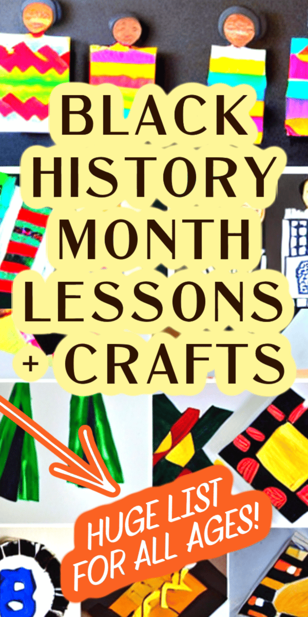 black history month lesson plans and black history crafts for kids TEXT OVER IMAGES OF BLACK HISTORY MONTH CRAFT PROJECTS AND African crafts for kids