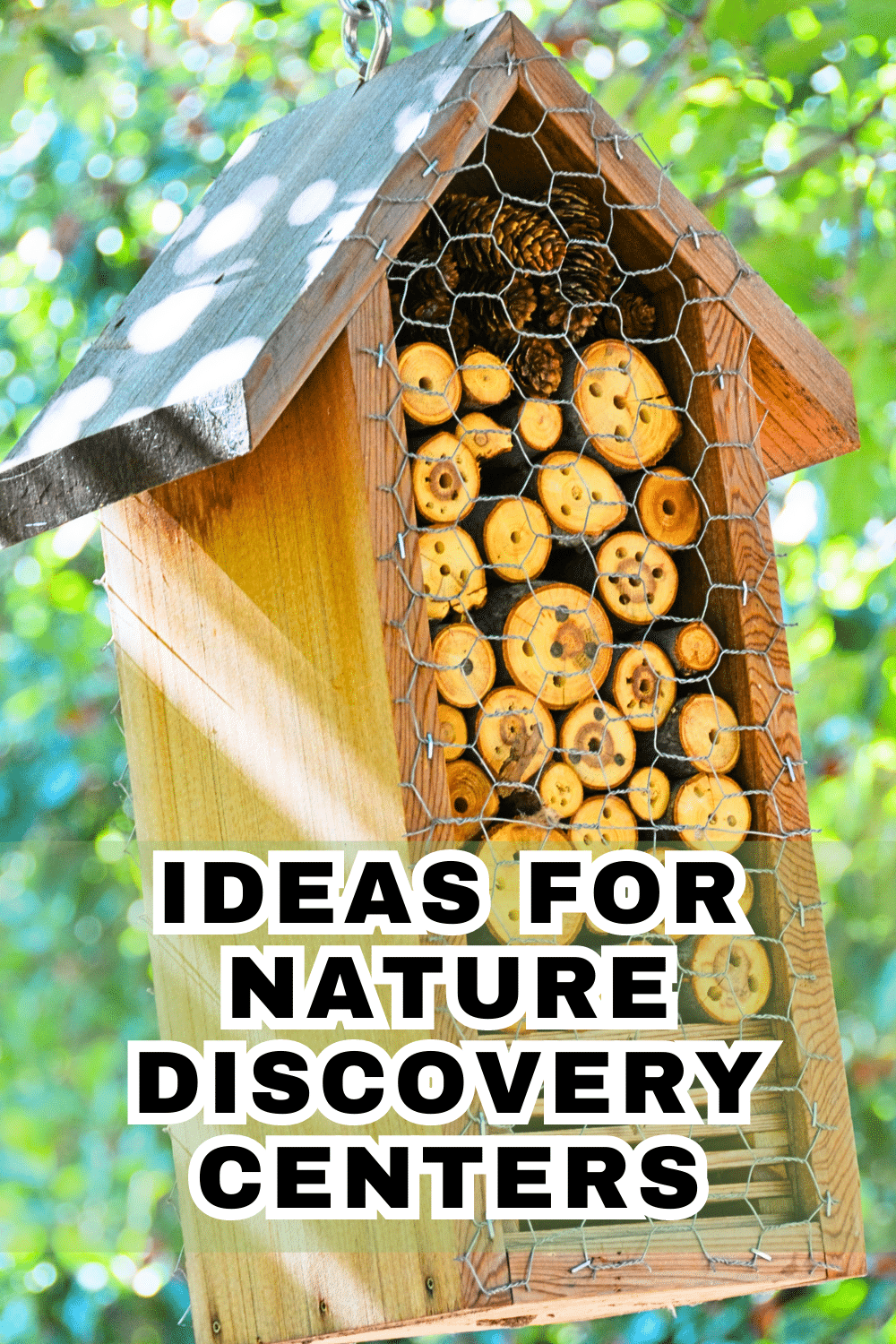 Outdoor Nature Discovery Centers For Kids text over a bee house or bug house outdoors