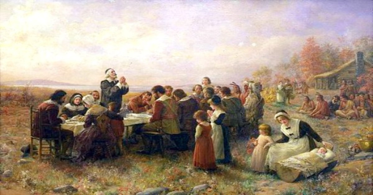 First Thanksgiving Activity Ideas painting of first Thanksgiving with Pilgrams and Indigenous Natives