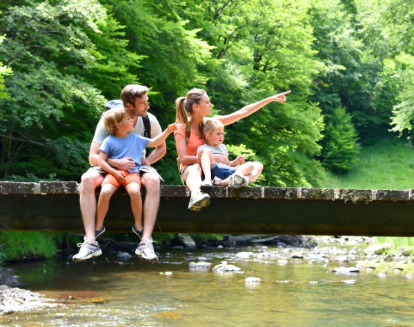 national parks with family sitting on a wood bridge over a creek pointing at something in the trees
