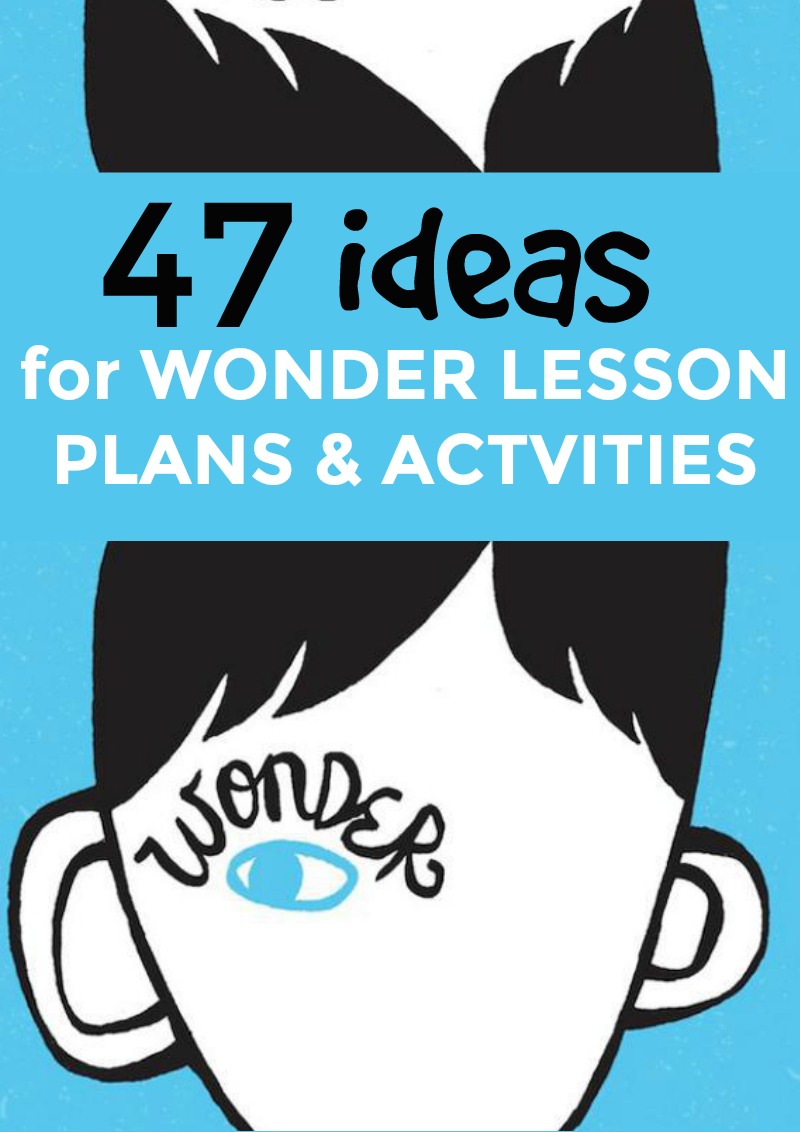 47 Wonder Activities and Lesson Plans (Book and Movie): drawing of a boy's face and head on a solid blue background