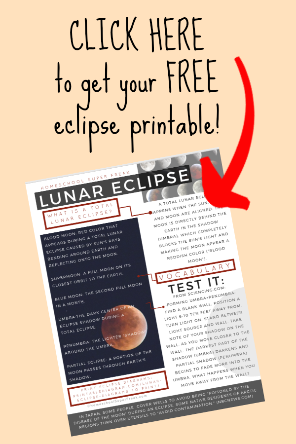 FREE LUNAR ECLIPSE WORKSHEET PRINTABLE - text over image of the free eclipse printable sheet