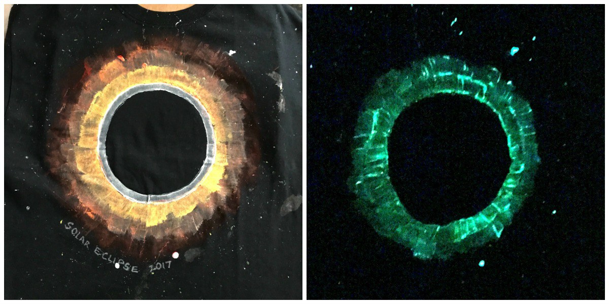 Solar Eclipse for Kids DIY Glow in Dark T shirt Craft - Solar eclipse activity for kids and adults - 2 images of solar eclipse tee with one glowing in the dark