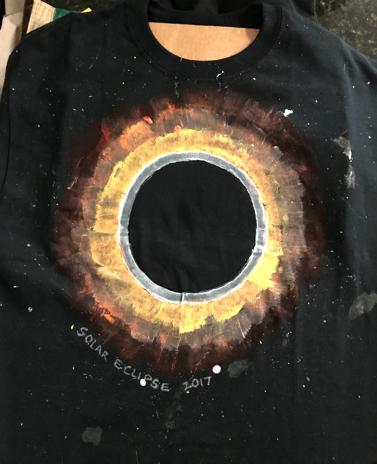 Great American Total Solar Eclipse Tshirt Craft For Kids (FUN ECLIPSE CRAFTS) - Solar Eclipse Tee Craft showing the Finished Solar Eclipse T shirt