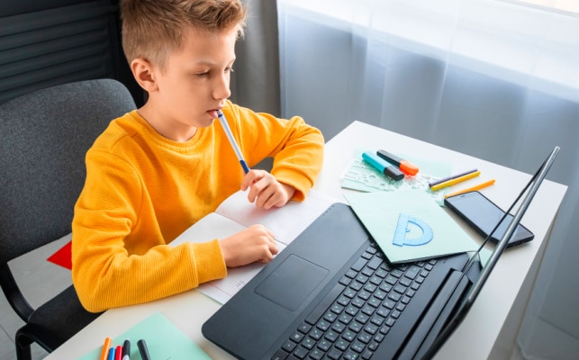 Is K12 Homeschooling middle school boy working on laptop for virtual school at home