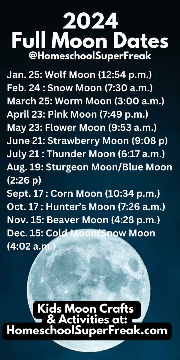Current Year Full Moon Dates For Kids Activities - list of 2024 Full Moon Dates on a dark background with a full moon