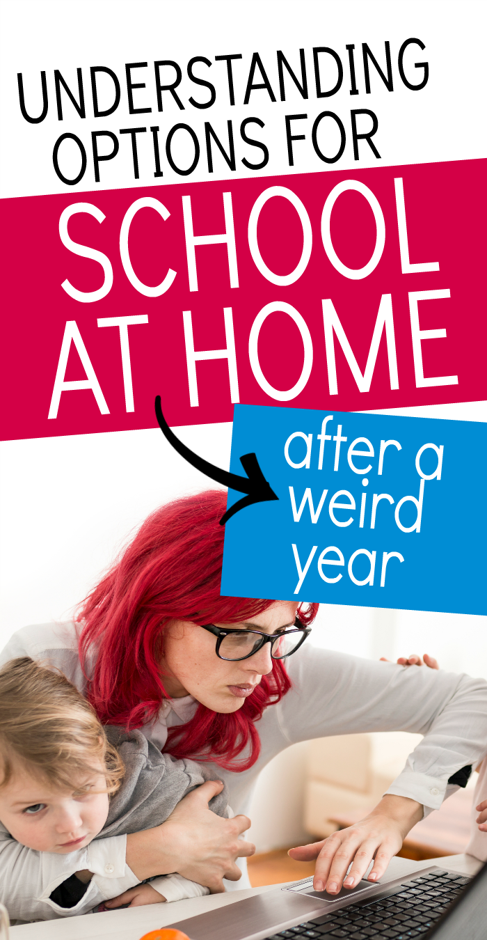 School At Home Homeschool Programs text over image of mom on laptop holding preschool age boy on lap