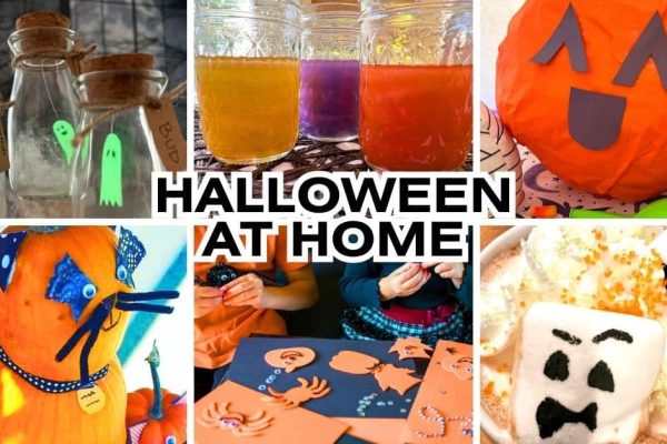 Fun Things To Do On Halloween At Home (October Activity Calendar Ideas) text over different images of Halloween activities at home