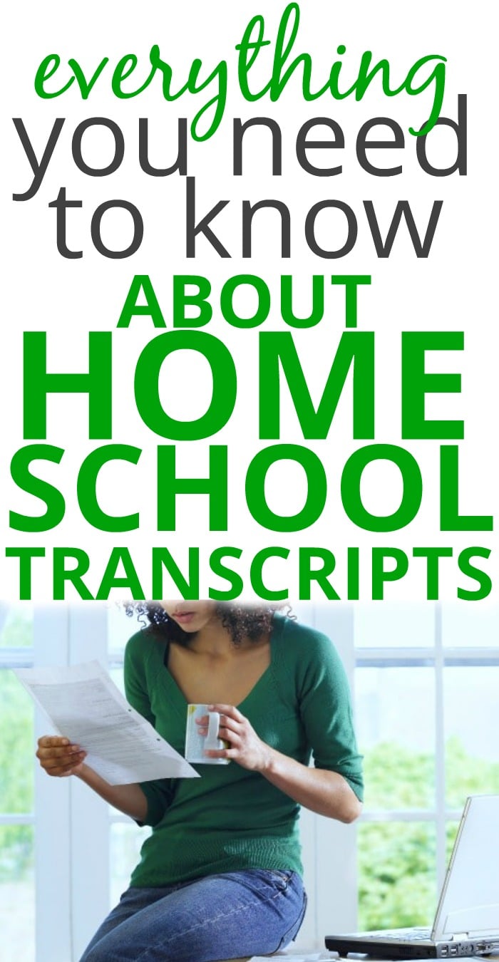 Creating Homeschool Transcripts and Templates for High School text with image of woman sitting on desk and looking at a piece of paper