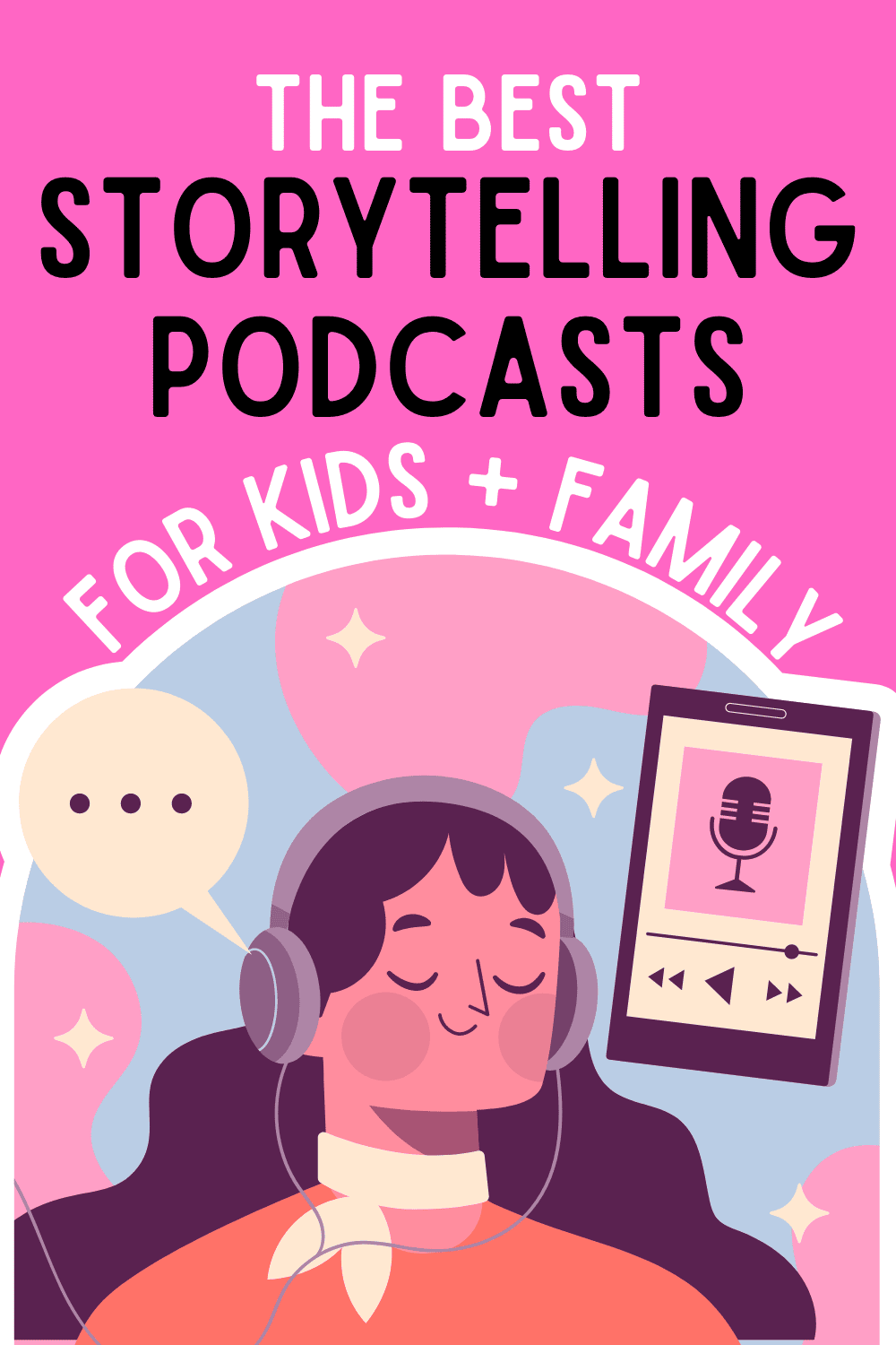 Best Storytelling Podcasts for Kids and Best Family Podcasts graphic of teen listening to podcast