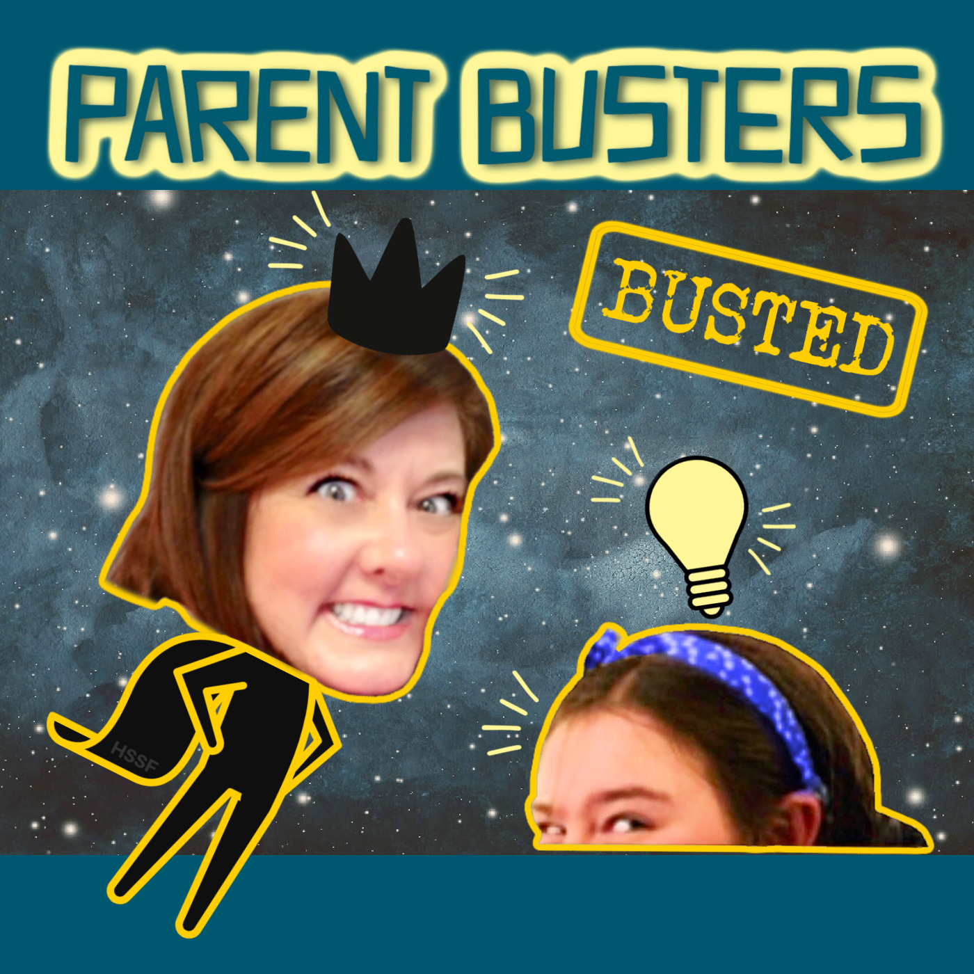 Parent Busters Podcast two female heads on cartoon bodies floating on a dark sky background