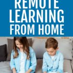 REMOTE LEARNING FROM HOME text overlay over a caucasian boy and girl sitting on a couch working on a laptop and school work