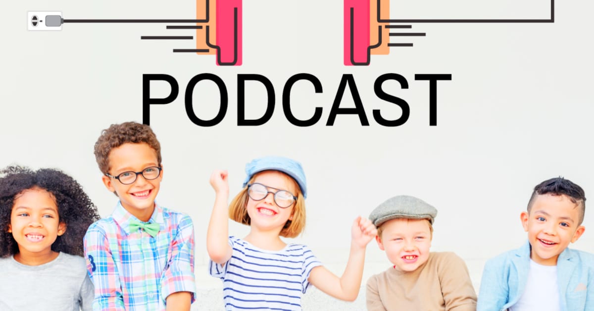 great podcasts for kids (short stories podcast and more!) diverse group of laughing children with the word PODCAST above them