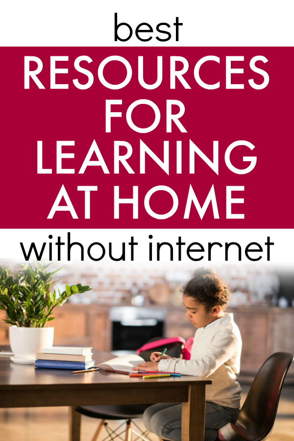 Teach at Home Resources for Offline Learning text over a little girl doing homework at table