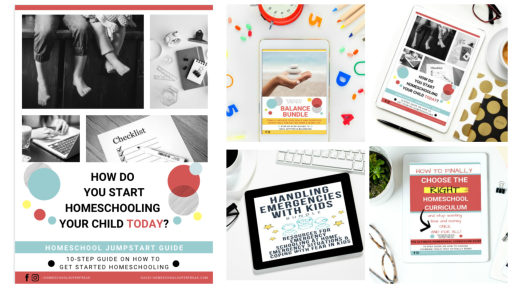 images of different homeschool guides on tablets laying on different table scenes