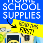 HOMESCHOOL BACK TO SCHOOL SUPPLIES text over an image of school supplies on a yellow table