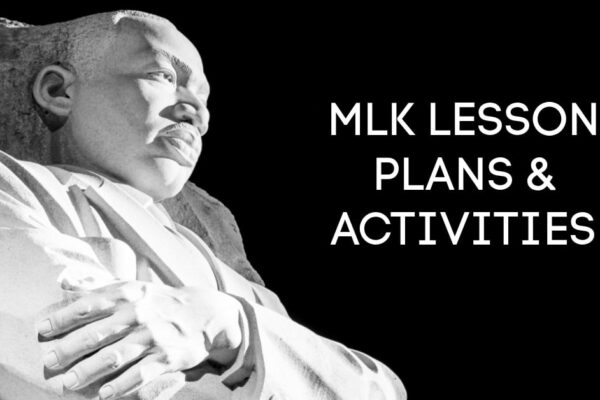 Martin Luther King Jr lessons with image of MLK statue on black background