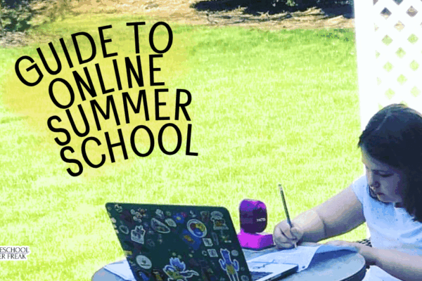 student working on lessons on a laptop outside during summer day with text on top for guide to online summer school