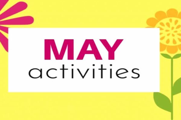 May Month Activities on a bright yellow background with colorful cartoon flowers
