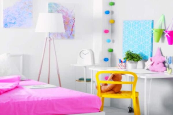 Best Homeschool Room in Bedroom Ideas bright bed with small white desk and yellow chair for homeschooling