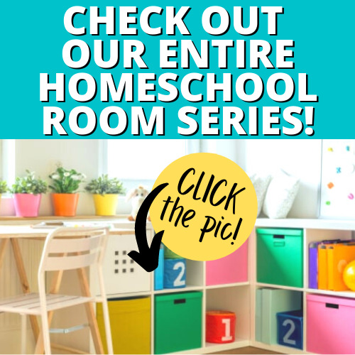 Homeschool Room Series: How to set up homeschool rooms, do I need a homeschool classroom, how to give your homeschool class a makeover on a budget, how to put a homeschool room in a small space, how to put a study area in a kids bedroom text over picture of kids desk and colorful storage bins