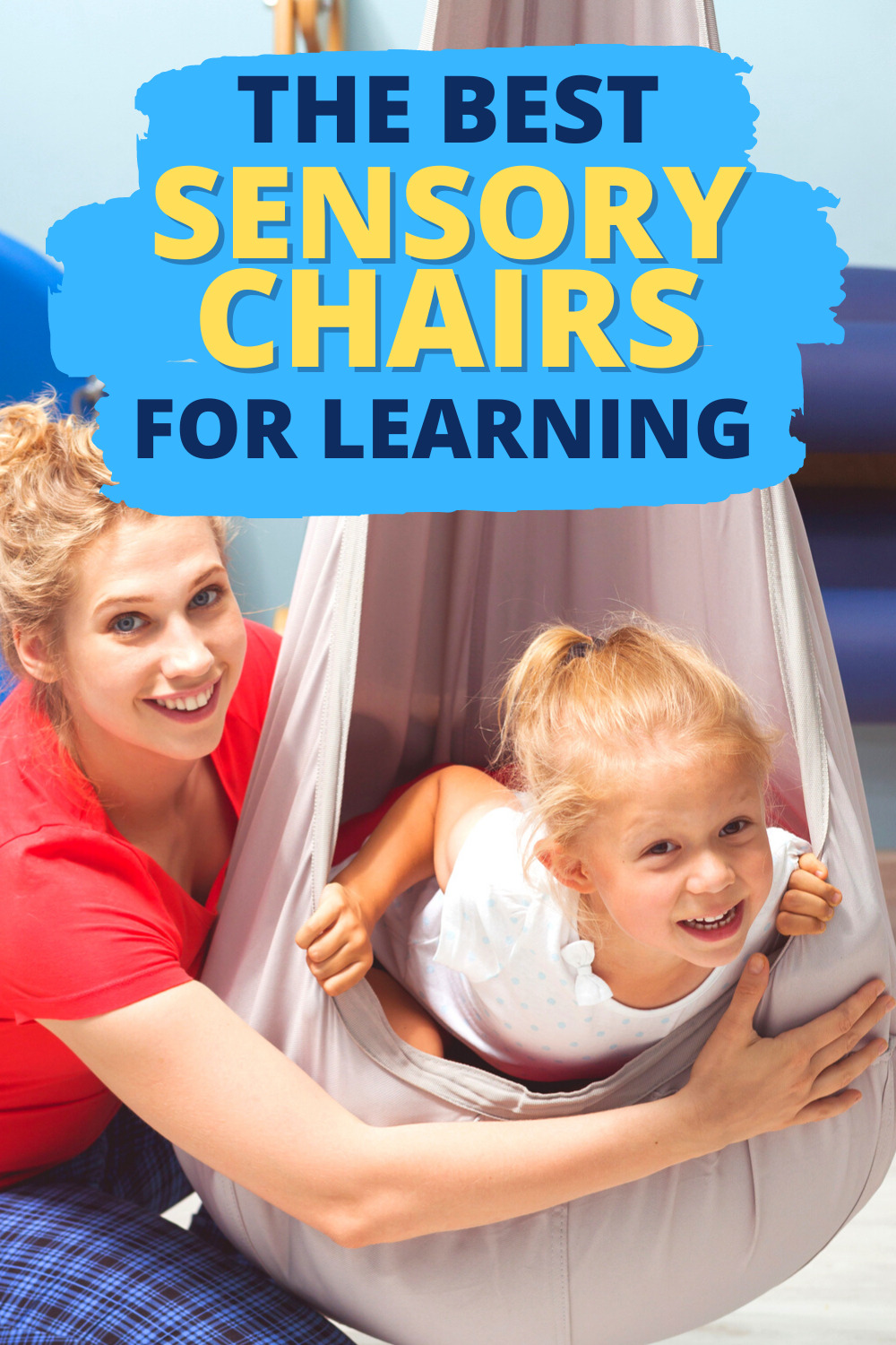 SENSORY CHAIRS FOR KIDS with mom holding daughter in a sensory swing pod chair