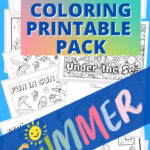 SUMMER COLORING PAGES FREE PRINTABLE PACK with black and white coloring pages fanned out behind the text