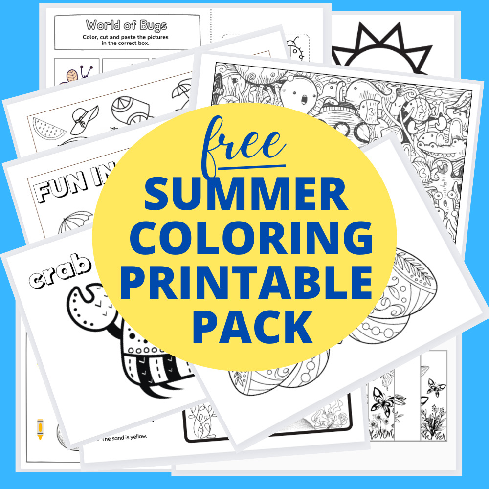 SUMMER COLORING PRINTABLE PACK pages fanned out on a blue background