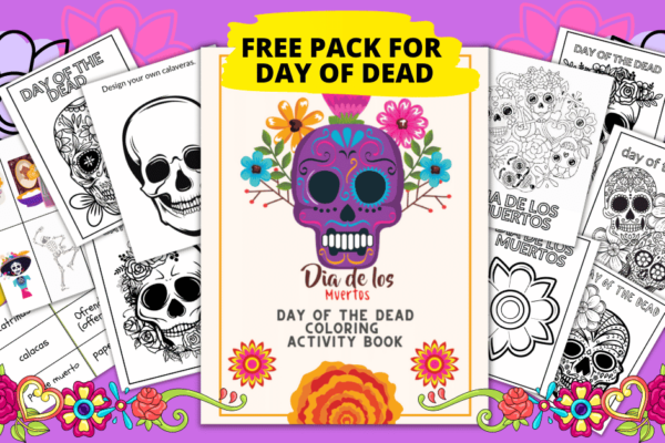 Day of the Dead coloring pages spread out on a purple background