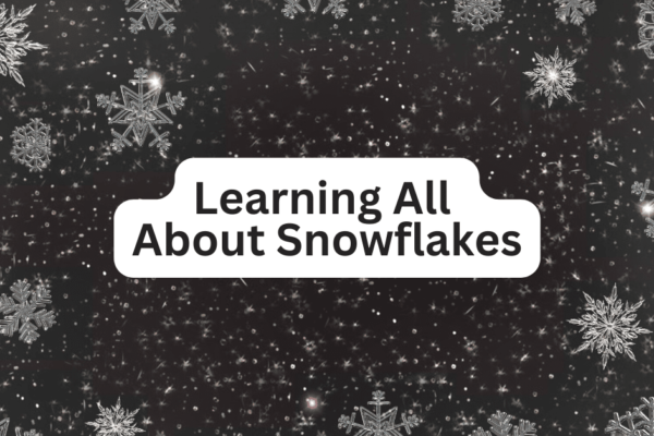 Snowflakes explained for kids and Learning About Snowflakes text on a black backdrop of real magnified snowflakes