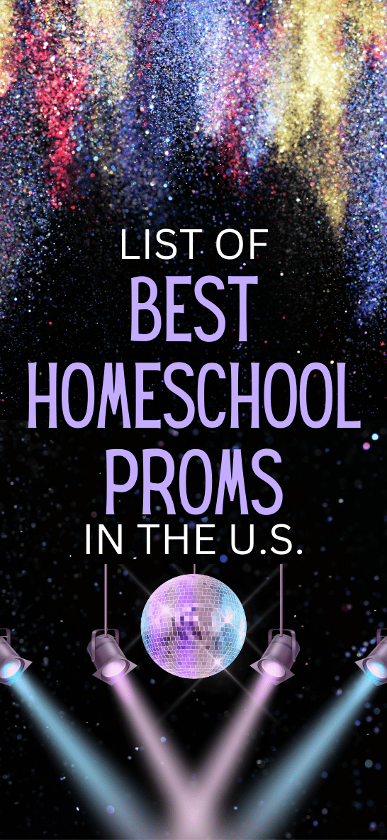 BEST HOMESCHOOL PROMS IN US text over disco ball glitter background for prom