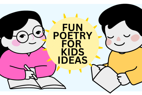 Poetry Fun For Kids Activities and Poem Lessons (poem how to write for kids and how to get students interested in poetry)text over 2 images of cartoon kids reading poetry and writing poems