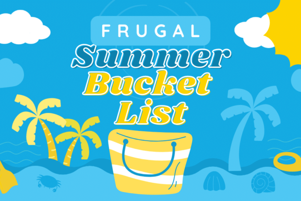 Frugal Family Summer Bucket (Best Family Summer Fun List) text over blue background of summer bucket lists clipart
