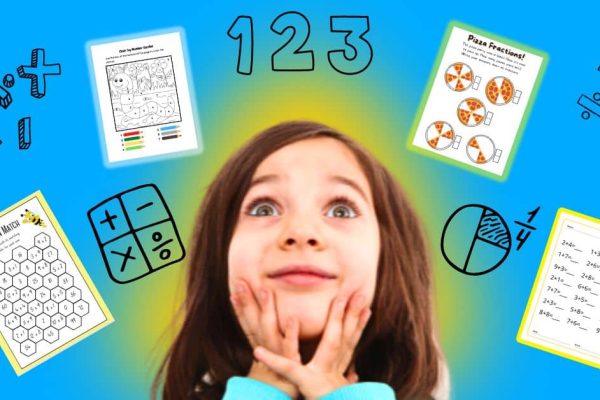 Free Fun Worksheets For Math little girl looking up with math games and math worksheets floating above her