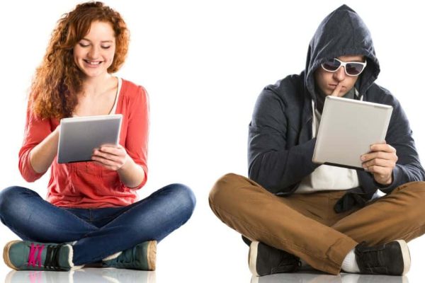 Basic Internet Safety Rules and Internet Lessons For Kids a teen on internet device with a scary male presence on a tablet next to her