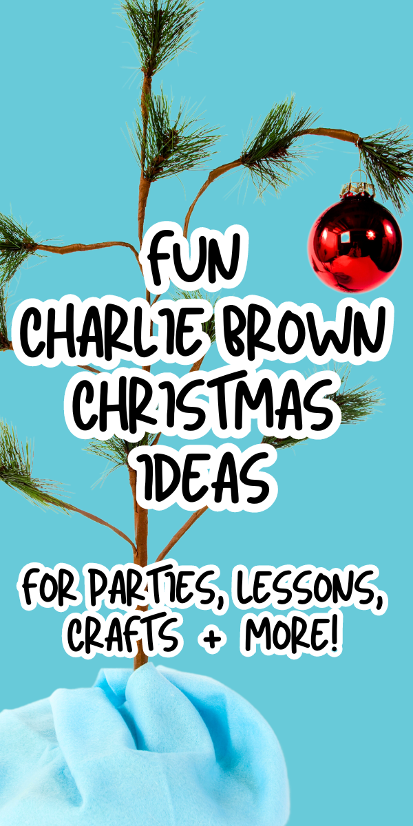 DIY Charlie Brown Christmas Party Theme (HOLIDAY KIDS ACTIVITIES) - text over Charlie Brown's Christmas Tree with Linus blanket on a blue background
