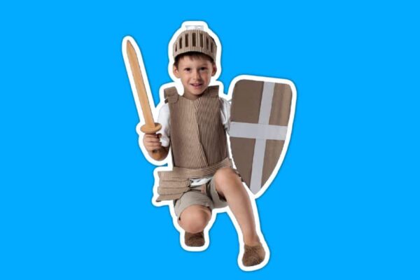 Helping Homeschool Kids Build Armor From Judgment - child wearing cardboard armor on a blue background