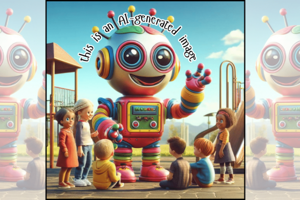 Teaching Kids In The AI Era - weird ai generated image of robot and kids