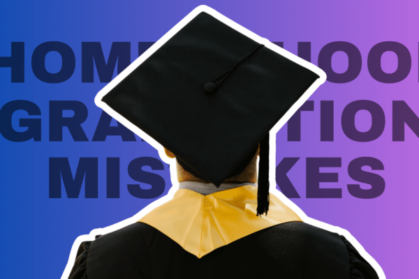 Common Homeschool Graduation Ceremony Mistakes to Avoid - back of a homeschooling high school student in cap and gown looking at words homeschooling graduation mistakes