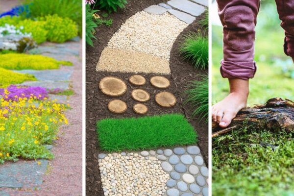 3 different images of DIY Barefoot Sensory Path Ideas for Outdoor Play and Nature Learning